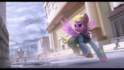 Size: 1600x900 | Tagged: safe, artist:cannibalus, oc, oc only, pegasus, pony, fallout equestria, fallout equestria: the fossil, action pose, architecture, city, clothes, fanfic art, female, goggles, mare, pipbuck, purple coat, realistic, running, saddle bag, shadow, solo, tail, yellow mane, yellow tail