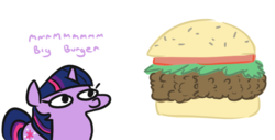 Size: 611x311 | Tagged: safe, artist:jargon scott, twilight sparkle, pony, unicorn, g4, burger, dialogue, food, hamburger, meat, ponies eating meat, simple background, solo, squatpony, that pony sure does love burgers, twiggie, twilight burgkle, white background