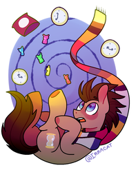 Size: 937x1170 | Tagged: safe, artist:1racat, doctor whooves, time turner, earth pony, pony, g4, clock, clothes, jelly babies, male, open mouth, scarf, solo, stallion