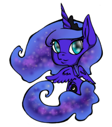 Size: 797x904 | Tagged: safe, artist:kittykatkay, princess luna, alicorn, pony, g4, chibi, crown, cute, ethereal mane, female, jewelry, looking back, lunabetes, mare, regalia, simple background, solo, starry mane, white background
