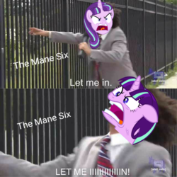 Size: 640x640 | Tagged: safe, edit, starlight glimmer, pony, g4, adult swim, eric andre, let me in, meme, ragelight glimmer