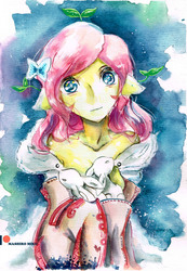 Size: 2285x3307 | Tagged: safe, artist:mashiromiku, fluttershy, rabbit, anthro, g4, high res, patreon, patreon logo, traditional art, watercolor painting