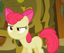 Size: 1043x865 | Tagged: safe, screencap, apple bloom, earth pony, pony, g4, the cutie pox, apple bloom's bow, bow, cropped, female, hair bow, raised eyebrow, solo