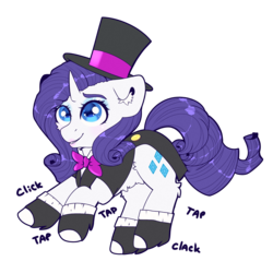Size: 2500x2500 | Tagged: safe, artist:etoz, rarity, pony, unicorn, g4, belly fluff, bowtie, cheek fluff, clothes, colored pupils, cute, dancing, ear fluff, eyeshadow, female, floppy ears, full body, grin, happy, hat, high res, horn, leg fluff, looking up, makeup, mare, pubic fluff, raised hoof, raised leg, raribetes, request, requested art, shoes, simple background, smiling, solo, suit, tap dancing, text, top hat, transparent background