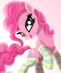 Size: 2000x2400 | Tagged: dead source, safe, artist:pedrohander, pinkie pie, earth pony, pony, g4, clothes, cute, diapinkes, ear fluff, female, gradient background, high res, open mouth, simple background, smiling, socks, solo, striped socks