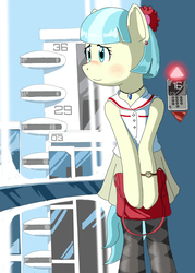 Size: 858x1200 | Tagged: safe, artist:vinilyart, coco pommel, semi-anthro, g4, arm hooves, blushing, clothes, cocobetes, cute, ear piercing, earring, elevator, female, human shoulders, jewelry, necklace, pantyhose, piercing, pleated skirt, purse, skirt, sleeveless, solo, watch