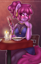 Size: 990x1530 | Tagged: safe, artist:bumblebun, berry punch, berryshine, earth pony, anthro, g4, alcohol, blushing, chair, clothes, female, food, glass, plate, sitting, solo, spoon, table, wine