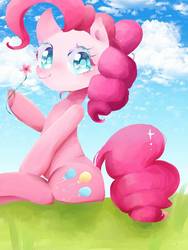 Size: 960x1280 | Tagged: safe, artist:naginiko, pinkie pie, earth pony, pony, g4, cloud, colored pupils, cute, diapinkes, female, flower, heart eyes, hoof hold, mare, sitting, solo, wingding eyes