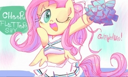 Size: 512x308 | Tagged: safe, artist:naginiko, fluttershy, pony, g4, cheerleader, cheerleader fluttershy, clothes, cute, female, hoof hold, midriff, one eye closed, open mouth, pixiv, pleated skirt, pom pom, shyabetes, skirt, solo, wink