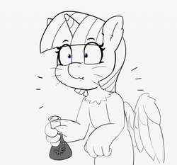 Size: 1280x1194 | Tagged: safe, artist:pabbley, twilight sparkle, alicorn, pony, sphinx, g4, 30 minute art challenge, female, flask, monochrome, partial color, potion, solo, species swap, sphinxified, sphinxlight sparkle, twilight sparkle (alicorn), whiskers