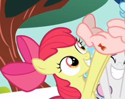 Size: 514x406 | Tagged: safe, screencap, apple bloom, cozy glow, sweetie belle, pegasus, pony, g4, marks for effort, belly, butt touch, cropped, female, filly, hoof on butt, out of context