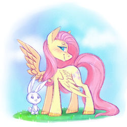 Size: 1024x1024 | Tagged: safe, artist:pinipy, angel bunny, fluttershy, pegasus, pony, rabbit, g4, blushing, colored pupils, cute, female, gradient background, grass, lidded eyes, looking at you, mare, shading, shyabetes, simple, sketchy, smiling, spread wings, wings