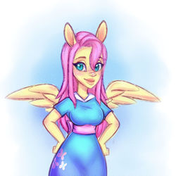 Size: 1024x1024 | Tagged: safe, artist:pinipy, fluttershy, equestria girls, g4, blue, clothes, cute, dress, female, fluttershy in a dress, ponied up