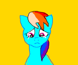 Size: 300x250 | Tagged: safe, rainbow dash, pegasus, pony, g4, crying, female, mare, simple background, solo, yellow background
