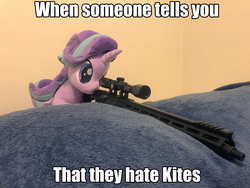 Size: 2048x1536 | Tagged: safe, edit, starlight glimmer, pony, g4, ar-15, caption, gun, image macro, irl, kite, photo, plushie, snipelight glimmer, text, that pony sure does love kites, this will end in communism, weapon
