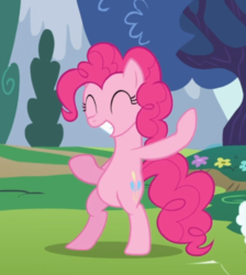 Size: 558x624 | Tagged: safe, screencap, pinkie pie, earth pony, pony, baby cakes, g4, bipedal, cropped, eyes closed, female, mare, raised hoof, smiling, solo, teeth