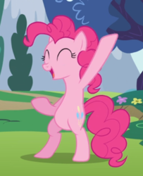 Size: 497x612 | Tagged: safe, screencap, pinkie pie, earth pony, pony, baby cakes, g4, bipedal, cropped, eyes closed, female, hoof in air, mare, open mouth, raised hoof, smiling, solo