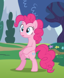 Size: 551x670 | Tagged: safe, screencap, pinkie pie, earth pony, pony, baby cakes, g4, bipedal, cropped, female, mare, open mouth, solo