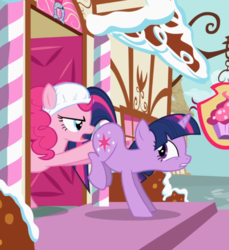 Size: 858x937 | Tagged: safe, screencap, pinkie pie, twilight sparkle, earth pony, pony, unicorn, baby cakes, g4, butt touch, cropped, diaper, diaper on head, duo, female, hoof on butt, mare, open mouth, out of context, pushing, sugarcube corner, unicorn twilight