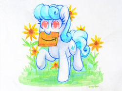 Size: 2048x1536 | Tagged: safe, artist:dawnfire, oc, oc only, oc:packing peanuts, pony, amazon.com, blue mane, flower, package, packing peanuts, pink eyes, raised hoof, raised leg, simple background, sunflower, traditional art, white coat