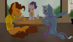 Size: 1500x871 | Tagged: safe, artist:radioactive nero, cheese sandwich, rarity, trixie, earth pony, pony, unicorn, g4, cape, cider, clothes, laughing, leonine tail, no pupils, shirt, sitting, tankard