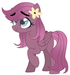 Size: 1280x1365 | Tagged: safe, artist:crumble-dumble, oc, oc only, pegasus, pony, cute, eyebrows, female, flower, flower in hair, mare, offspring, parent:big macintosh, parent:marble pie, parents:marblemac, raised hoof, simple background, solo, transparent background