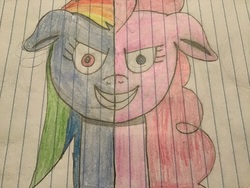 Size: 3264x2448 | Tagged: safe, artist:asiandra dash, artist:bendy and the little ponies, artist:rainbow factory dash, pinkie pie, rainbow dash, pony, fanfic:cupcakes, fanfic:rainbow factory, two sided posters, g4, colored pencil drawing, high res, lined paper, pencil outline, pencil shading, rainbow factory dash, traditional art