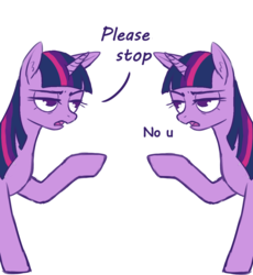 Size: 1007x1093 | Tagged: safe, anonymous artist, edit, twilight sparkle, pony, g4, dialogue, ear fluff, female, lidded eyes, looking at each other, mare, no u, open mouth, raised hoof, self ponidox, simple background, white background
