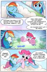 Size: 1800x2740 | Tagged: safe, artist:candyclumsy, artist:multi-commer, pinkie pie, rainbow dash, earth pony, pegasus, pony, comic:the great big fusion, g4, comic, confused, crash, flying, fusion, huggies, pony cannonball, xk-class end-of-the-world scenario