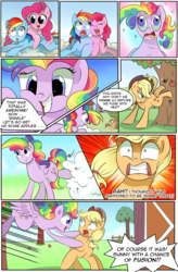 Size: 1800x2740 | Tagged: safe, artist:candyclumsy, artist:multi-commer, applejack, pinkie pie, rainbow dash, oc, oc:rainbow cupcake, earth pony, hybrid, pegasus, pony, comic:the great big fusion, g4, comic, fuse, fusion, fusion:rainbow cupcake, merging, pranked, scared, shocked, tackle, thunder, wtf, xk-class end-of-the-world scenario