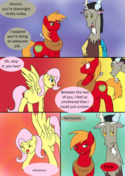 Size: 1000x1406 | Tagged: safe, artist:emilou1985, big macintosh, discord, fluttershy, earth pony, pony, comic:signs, g4, angry, comic, eyes closed, female, looking right, male, mood swing, pregnant, screaming, ship:fluttermac, shipping, shocked, spread wings, straight, wings