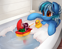 Size: 2950x2350 | Tagged: safe, artist:pridark, oc, oc only, oc:velvet shore, oc:wind sail, pony, bath, commission, female, high res, mare, micro, rubber duck, water