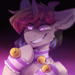 Size: 1500x1500 | Tagged: safe, artist:faract, oc, oc only, oc:agap, pony, unicorn, bell, bell choker, cat bell, choker, gradient background, horn, laughing, looking down, looking down at you, male, rainbow hair, smiling, smirk, solo, stallion, teeth, wide eyes, yandere