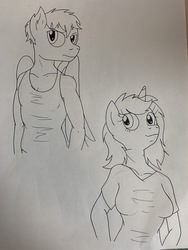 Size: 4032x3024 | Tagged: safe, artist:wolftendragon, oc, oc only, oc:emily, oc:george, pegasus, unicorn, anthro, clothes, female, male, mare, monochrome, shirt, stallion, traditional art