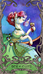 Size: 2088x3619 | Tagged: safe, artist:sourcherry, oc, oc only, crystal pony, pony, clothes, crystal pony oc, cup, dress, female, heart, high res, jewelry, mane, mare, overflowing, potion, potions, solo, tarot, tarot card