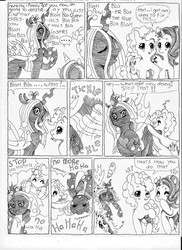 Size: 1700x2338 | Tagged: safe, artist:darknessa-desu, pinkie pie, queen chrysalis, starlight glimmer, oc, oc:fluffle puff, pony, g4, anime, anime eyes, blah blah blah, comedy, comic, crying, dialogue, eyes closed, funny, funny as hell, giggling happily, impending doom, laughing, make it stop, monochrome, monologue, one eye closed, pinkie logic, prepare to die, ranting, speech bubble, swirly eyes, tears of laughter, tickle torture, tickling, wink