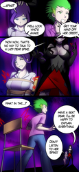 Size: 1280x2786 | Tagged: safe, artist:jonfawkes, rarity, spike, oc, oc:diamonrare, human, series:spike meets the clones, equestria girls, g4, arm behind back, bondage, breasts, comic, evil grin, evil rarity, faceless female, female, grin, hair pulling, hand on head, hands behind back, holding head, human spike, humanized, offscreen character, smiling, tied to chair, tied up