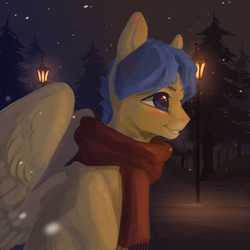 Size: 4000x4000 | Tagged: safe, artist:aoiyui, derpibooru exclusive, oc, oc only, oc:crushingvictory, pegasus, pony, clothes, lamppost, male, scarf, smiling, snow, solo, spread wings, stallion, tree