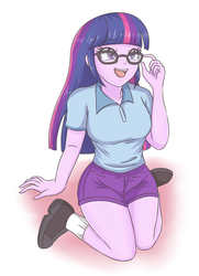 Size: 2480x3425 | Tagged: safe, artist:sumin6301, twilight sparkle, equestria girls, g4, breasts, clothes, female, glasses, high res, i can't believe it's not sci-twi, open mouth, shirt, shoes, shorts, socks, solo, stupid sexy twilight, twilight sparkle (alicorn), twilight's professional glasses