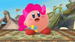 Size: 1280x720 | Tagged: safe, artist:user15432, edit, edited screencap, screencap, pinkie pie, puffball, equestria girls, g4, crossover, kirby, kirby (series), kirby pie, nintendo, ponied up, super smash bros., super smash bros. 4, taunt, taunting