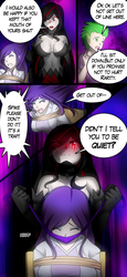 Size: 1280x2787 | Tagged: safe, artist:jonfawkes, rarity, spike, oc, oc:diamonrare, human, series:spike meets the clones, equestria girls, g4, arm behind back, bondage, breasts, cloth gag, comic, evil rarity, gag, gagging, hair pulling, hand on head, hands behind back, holding head, human spike, humanized, mouth hold, muffled words, tied to chair, tied up