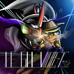 Size: 1280x1280 | Tagged: safe, artist:cosmotic1214, applejack, king sombra, earth pony, pony, unicorn, g4, album cover, broken glass, colored, cowboy hat, crossover, evil, fanfic art, gang, gangsta, gangster, gradient background, hat, illustration, mafia, magic, payday, payday 2, sombra eyes