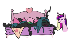 Size: 810x454 | Tagged: safe, artist:jargon scott, princess cadance, queen chrysalis, alicorn, changeling, changeling queen, pony, g4, bed, bust, cadance is not amused, drool, duo, female, heart, mare, open mouth, prone, scrunchy face, sleeping, unamused