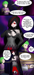 Size: 750x1634 | Tagged: safe, artist:jonfawkes, rarity, spike, oc, oc:diamonrare, human, series:spike meets the clones, g4, arm behind back, bondage, breasts, comic, faceless female, female, hand on hip, hands behind back, human spike, humanized, muffled moaning, muffled words, offscreen character, struggling, tied to chair, tied up