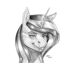 Size: 1200x1025 | Tagged: safe, artist:baron engel, oc, oc only, oc:purple marten, changeling, pony, unicorn, bust, changeling oc, disguise, disguised changeling, female, grayscale, mare, monochrome, pencil drawing, portrait, simple background, solo, story in the source, traditional art, white background
