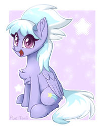 Size: 1280x1591 | Tagged: safe, artist:puetsua, cloudchaser, pegasus, pony, g4, abstract background, cheek fluff, chest fluff, cute, cutechaser, ear fluff, eye clipping through hair, female, looking at you, mare, open mouth, signature, sitting, solo, wings