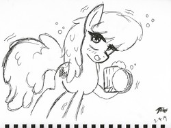 Size: 2004x1506 | Tagged: safe, artist:radiancebreaker, berry punch, berryshine, earth pony, pony, g4, cider mug, drunk, female, go home you're drunk, monochrome, mug, sketch, solo, traditional art