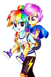 Size: 1454x2182 | Tagged: safe, artist:liaaqila, rainbow dash, scootaloo, equestria girls, g4, blood, carrying, clothes, coat, converse, cute, duo, injured, piggyback ride, shoes, simple background, traditional art, white background