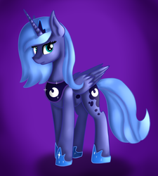 Size: 1843x2048 | Tagged: safe, artist:apostolllll, artist:jbond, color edit, edit, princess luna, alicorn, pony, g4, colored, crown, cute, female, gradient background, hoof shoes, jewelry, lunabetes, mare, painting, peytral, regalia, s1 luna, simple background, solo