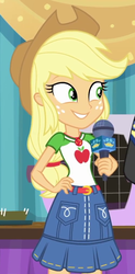 Size: 494x1006 | Tagged: safe, screencap, applejack, flash sentry, best in show: the pre-show, equestria girls, g4, my little pony equestria girls: better together, applejack's hat, belt, clothes, cowboy hat, cropped, cute, denim skirt, female, freckles, geode of super strength, hat, magical geodes, microphone, offscreen character, skirt, smiling, stetson